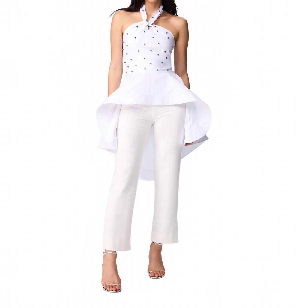 NEW THEO THE LABEL women's echo hi-low pearly halter shirting top in white / mul